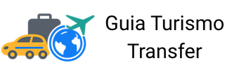 Logo do site Guiaturismotransfer.com.br imagem em conjunto de um taxi amarelo faixa azul, mundo azul, avião verde, mala preta e escrito Guia Turismo Transfer